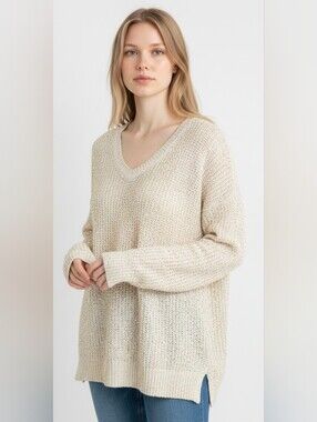 APT. 9! CREAM W/GOLD MINI SEQUINS DROP TAIL "BLOUSE" SWEATER! SZ M